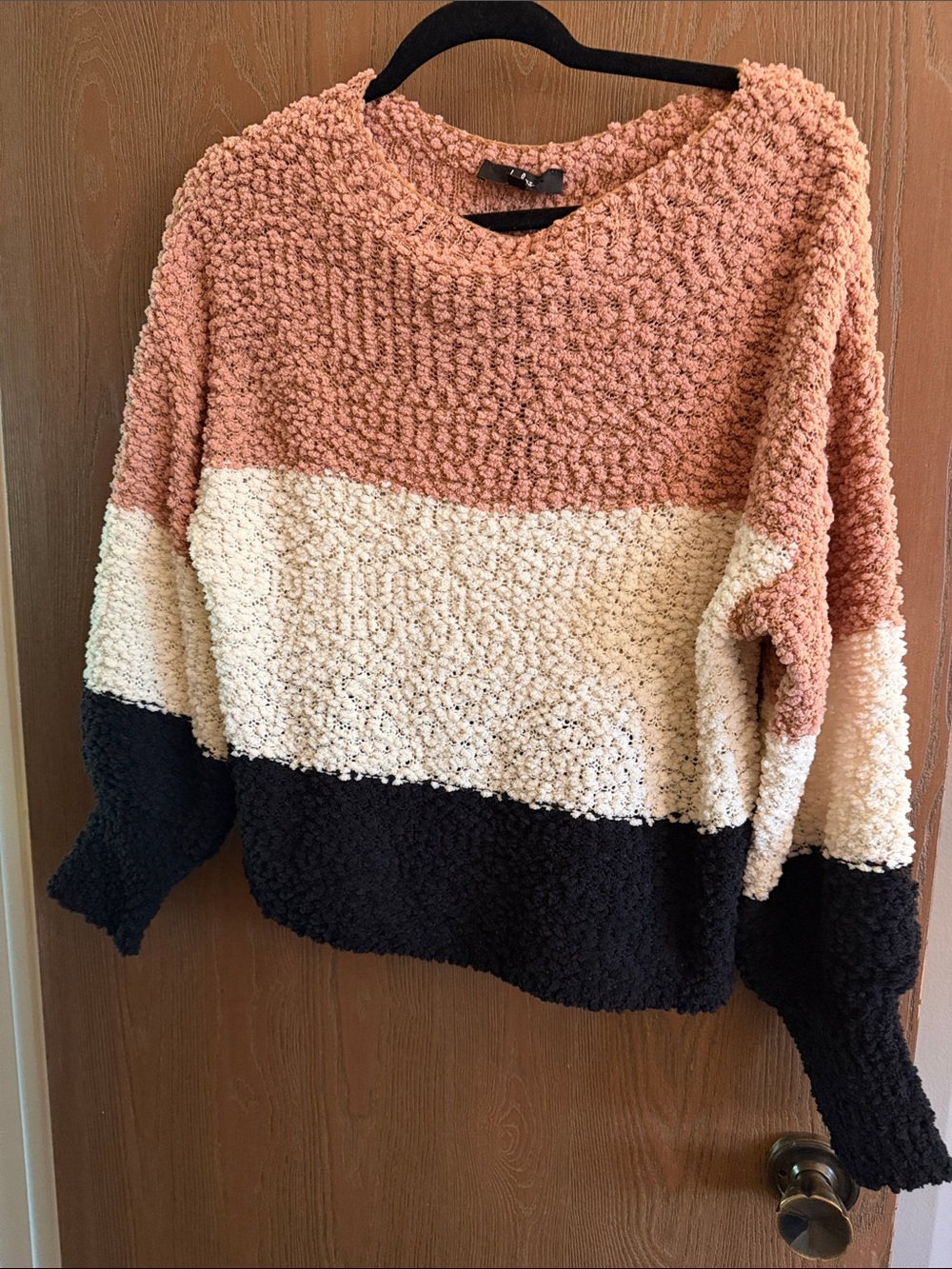Lulu's Pink, Cream & Black Bouclé Colorblock Crew Sweater